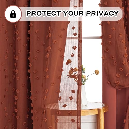 Image of MYSKY HOME Double Layer Boho Curtains for Bedroom 63 Inches Length Long Terracotta Pom Pom Sheer Window Drapes 2 Panels Girls Curtain Room Darkening Grommet Blackout Curtains, W52 X L63