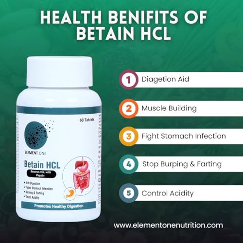 Image of Element One Betaine HCL with Pepsin Stomach Acid Balance & Digestive Enzymes Health Support Acidity, Indigestion, hcl supplement Gut Health Support, Nutrient Absorption 180 Tablets Pack of 3