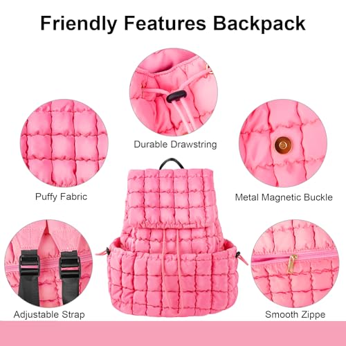 XSUIOY Quilted Backpack Purse for Women Small Lightweight Puffer Puffy College Laptop Backpack Nylon Casual Bookbag Daypack Top Flap Drawstring Padding Hiker Travel Gym Backpack(Pink)4