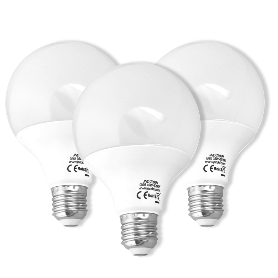 JANDEI Pack of 3 x LED Globe Bulbs 270º, G95 E27 Thread, 15W (Equivalent to 100W) Neutral White Light 4200K, Lumens