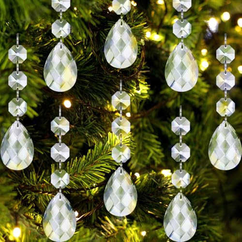 Jishi 30pk Crystal Teardrop Ornaments for Christmas Tree Decorations, Hanging Clear Plastic Acrylic Tear Drop Crystal Ornaments for Christmas Tree, Xmas Bead Garland New Years Party Supplies Clearance