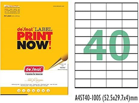 Desmat A4 Size Paper Labels Sticker for Laser, Inkjet & Copiers (40 Label Sheet)100 Sheets)