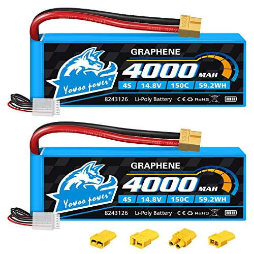Yowoo 2PCS 4S Lipo Batterie 4000mAh 14,8V 150C Graphène Lipo avec fiche XT60 pour RC Evader BX Auto Buggy Boot Drones Slash Échelle 1/10 Racing Truck Racing...