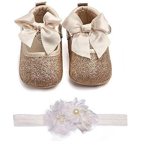 Lidiano Baby Girls Glitter Sequins Sparkly Bling Bowknot Anti-Slip Mary Jane Flat Crib Shoes & Headband (12-18 Months, Gold) Cover