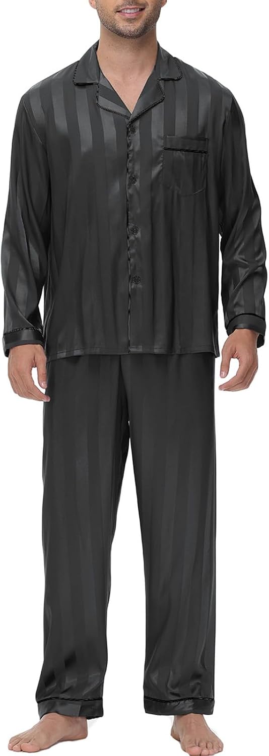 ZUEVI Men's Satin Silky Pajamas set Classic Silk like Sleepwear Set Button-Down Loungwear Two-Piece Pj Sets