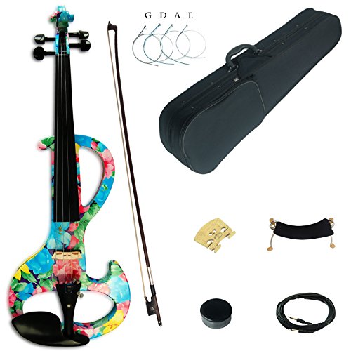 Kinglos 4/4 Blue Pink Flower Colored Solid Wood Intermediate-A Electric / Silent Violin