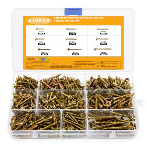 410 piezas Conjunto de Tornillos Autoperforantes, M3 M3,5 M4 Tornillos de Madera para Cabezas Planas y Avellanadas, Surtido de Tornillos Universales, Tornillos de Chapa de Rosca Completa Para Madera