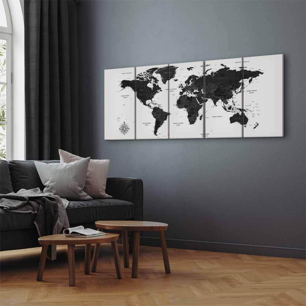decomonkey Leinwandbild Weltkarte, 225x90 cm, 5-teilig, schwarz-weiß, Büro | Strukturierte Leinwand, Holzkeilrahmen, aufhängefertig (Nagel & Haken inkl.), Weltkarten-Motiv, hergestellt in der EU