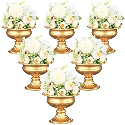 Potchen 6 Pieces Gold Centerpieces Vase Mini Flower Vase Wedding Metal Urn Planter Vase Compote Pedestal Vase 4.96 Tall Home Flower Stand Small Plant Pots for Birthday Anniversary Ceremony