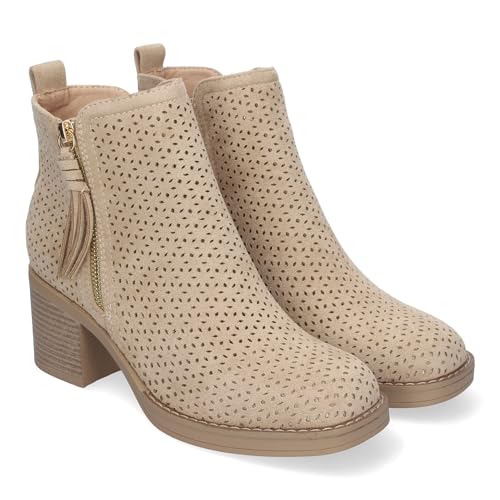 shoes&blues.es 83799 Botines de Mujer Primavera Verano Elegantes y Comodos con Tacon Ancho, Diseno Perforado con Doble Cremallera Lateral con Fleco, Ideal para Cualquier Ocasion. Beige Talla 40