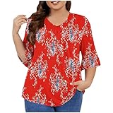 Keepink Oberteil in Übergröße für Damen, 3/4 Glockenärmel, V-Ausschnitt, Sommer-Faltenhemden, trendig, elegant, lässig, Oberteil, übergroße Tunika-Blusen, Damenpullover, Herbst-T-Shirts, Größe 40/50,