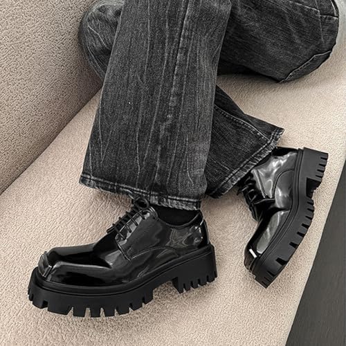 Men's Patent Leather Platform Oxfords Classic Square Toe Lace Up Chunky Heel Lug Sole Business Derby Shoes Comfort Causal Brogue Dress Shoes4