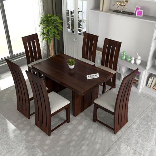 Image of Solid Sheesham Wood 6 Seater Dining Table Set with Cushioned Chairs for Dining Room | Living Room | Home & Office | Hotels Restaurant & Cafe (6 Seater, Walnut H)