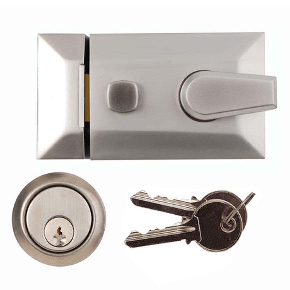 Standard Front Door Deadlocking Night Latch in Narrow or Standard Narrow Satin Chrome Plated