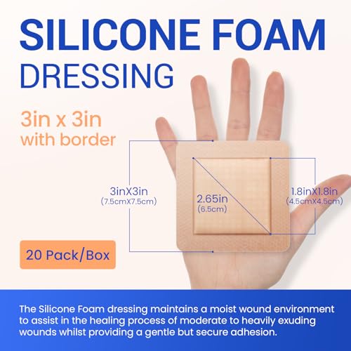 Image of Large Waterproof Bandages 3X3 Silicone Foam Dressing Sensitive Skin, 20 PCS | Bioemmalab Wound Dressing, Adhesive Cohesive Pad with Border, First Aid, Post Surgical and Burn, Pressure, Scar Healing
