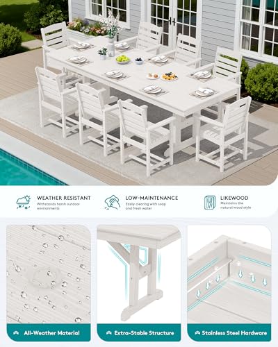 Image of SERWALL Outdoor 84 inch HDPE Dining Table with Umbrella Hole for 6-8, White | 9-piece HDPE 84 inch dining table, Ideal for Outdoor Gathering