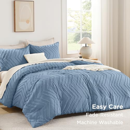 Image of Andency Greyish Blue Comforter Set Full Size, Boho Soft Warm Tufted Bedding Comforter Sets for Full Size Bed, 3 Pieces Aesthetic Chevron Farmhouse Cute Bohemian Textured Bed Set