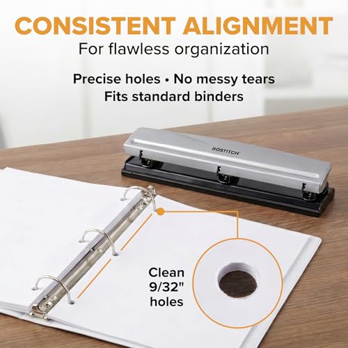 Image of Bostitch 3 Hole Paper Punch, 15 Sheet Capacity, Metal Office Hole Puncher with Chip Tray, Non-Slip Base, 9 /32 inch Holes, Perfect for Binders, School, Home & Office