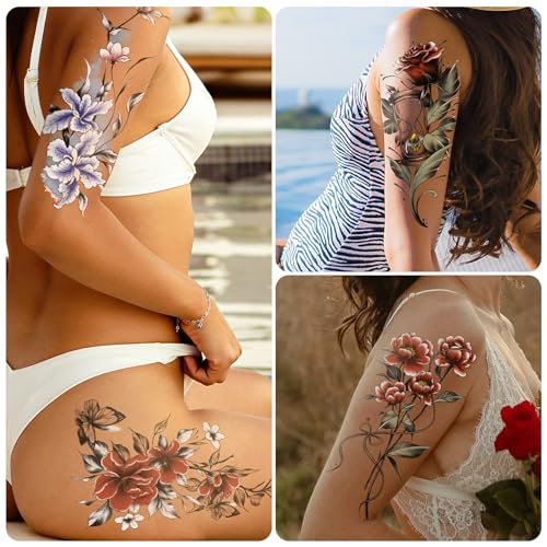EMOME Half Arm Colorful Flower Fake Tattoos, 12 Sheets Large Temporary Tattoos Stickers for Women, Temporary Tattoo Sleeves for Women and Girls Arm Shoulder Leg Back - Thumbnail 4