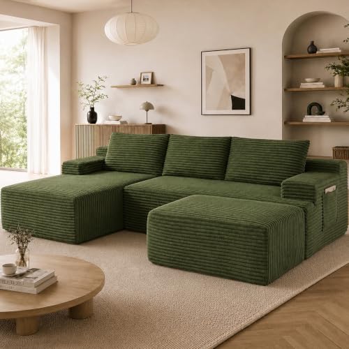 Image of Boneless Couch, Modular Sectional Couches for Living Room, U-Shaped Cloud Couch Sofa with Deep Seat, Fluffy Corduroy Upholstered Corner Sofa