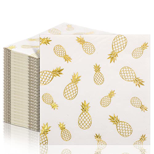 Outus 100 Pcs Pineapple Cocktail Napkins Paper 5 x 5 Inch Summer Tropical Luau Pineapple Party Decorations Disposable Stamping Pattern Napkins for Beverage Hawaiian Party (Gold)