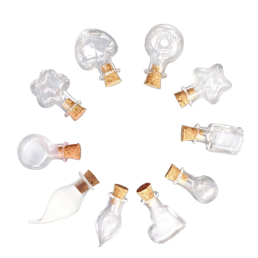SKYPRO 50Pcs Mini Glass Bottles with Cork Lids, 10 Shapes Tiny Glass Jars, Wishing Bottles, Small DIY Decorative Craft Vials for DIY Crafts Party