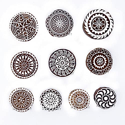 Image of Set of 10 | Handcarved Wooden Round Floral Design Stamps for Blocks Printing, Wooden Stamps for Project Designing, Scrapbooking Clay Pottery Craft Tattoo