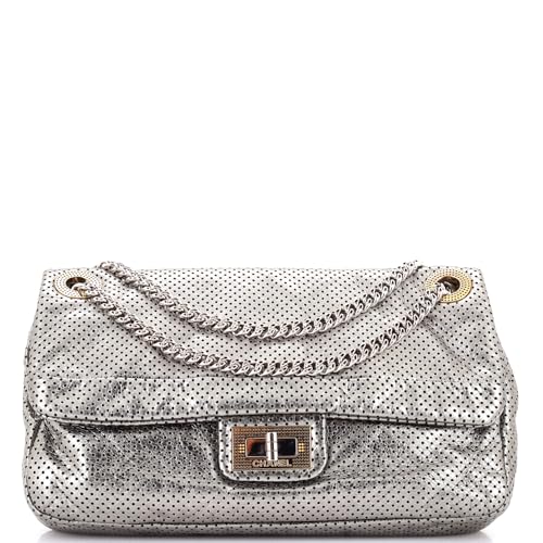 Pre-Loved Drill Flap Bag Perforated Leather Medium, Metallic