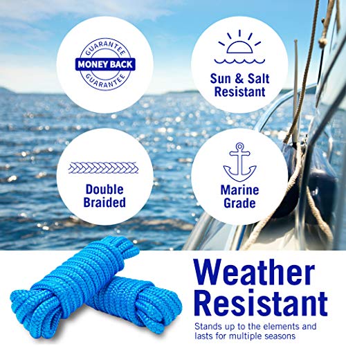 Image of Dock Lines for Boats 3 /8 inch x 15ft, 2 Pack Double Braided Nylon Boat Rope | 12 inch Loop, Marine Grade Mooring Line for Docking, Blue, Better Boat