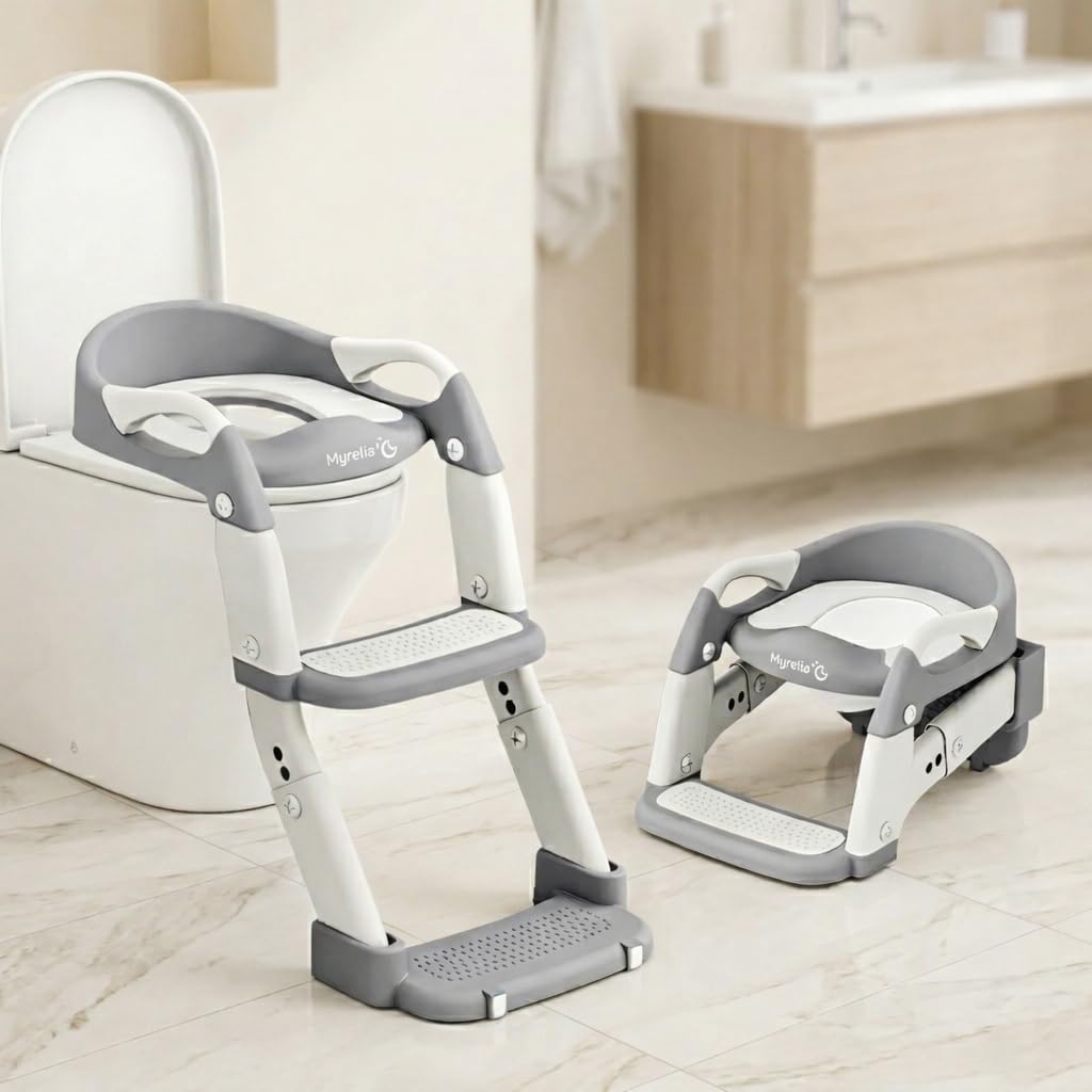 Reducteur toilette enfant 3-en-1, pot bebe toilette et adaptateur toilette enfant avec rehausseur WC, marches, poignées et dossier, antidérapant, pliable, robuste, facile à nettoyer, 3-6 ans