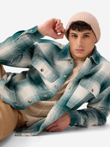 Image of The Souled Store Plaid: Light Emerald And White Men and Boys Long Sleeves Collared Neck Button Front Cotton Oversized Flannel Shackets