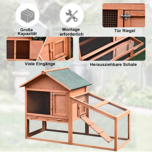 PawHut Kleintierstall Kleintierkäfig mit Asphaltdach Freilaufgehege Doppelstöckig Tannenholz Natur 144 x 64,5 x 100 cm – Bild 7