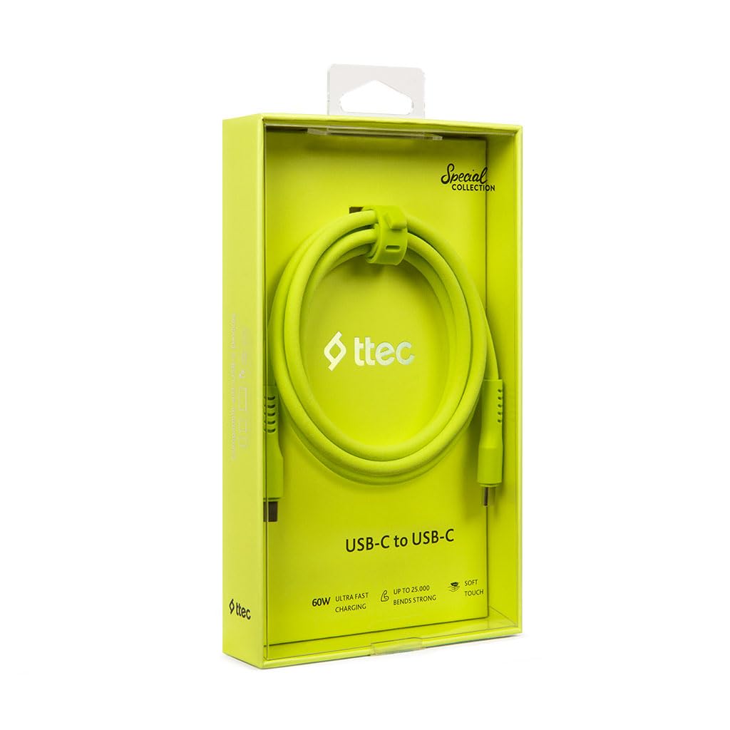 ttec USB-C - USB-C 120cm 60W PD/QC Hızlı Şarj/Data Kablosu Neon 2DK59N (Neon Sarı)