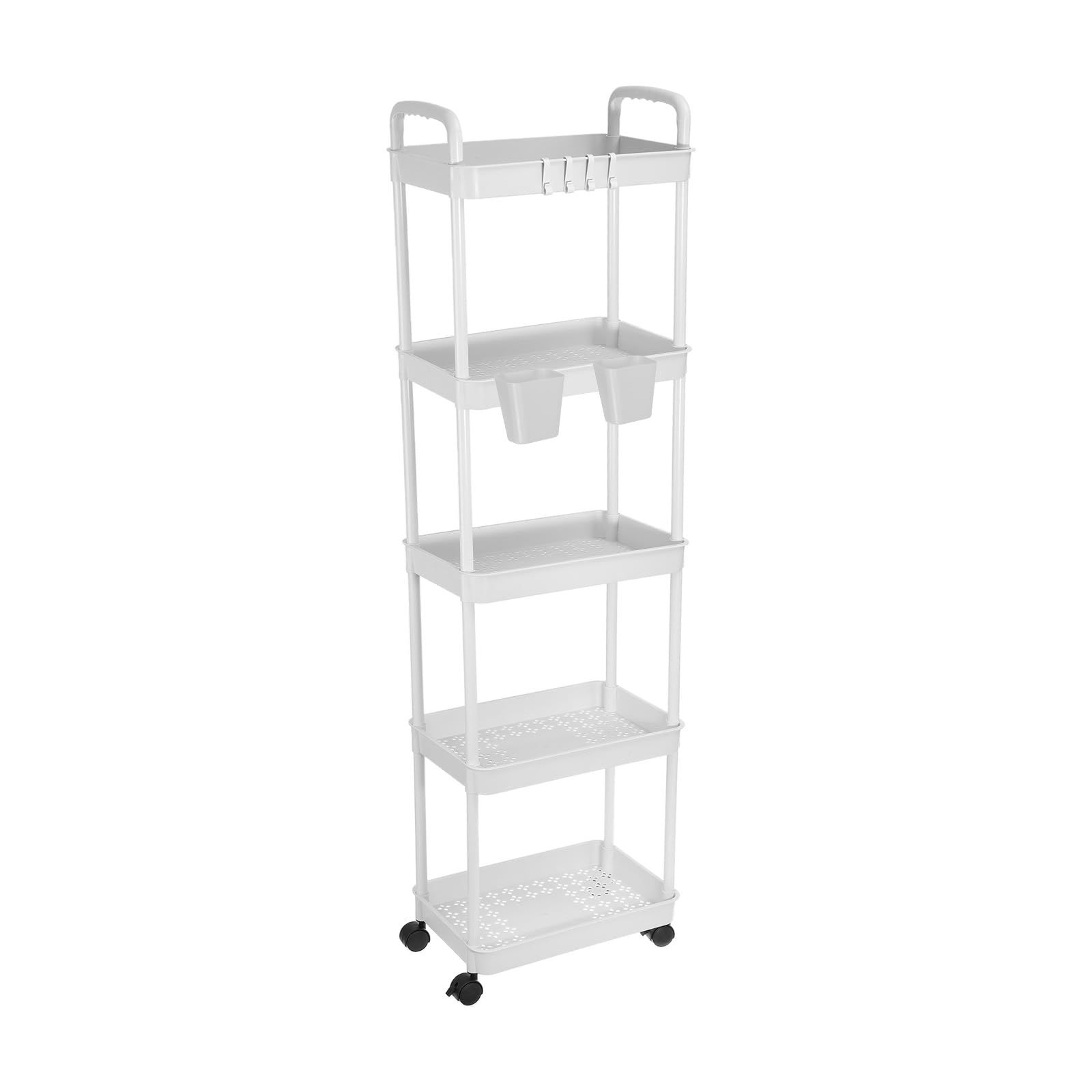 5-Tier Rolling Utility Cart with Handle, Storage Shelves Organizer Cart Movable Storage Organizer with Hanging Baskets for Room Office Kitchen Bathroom, White