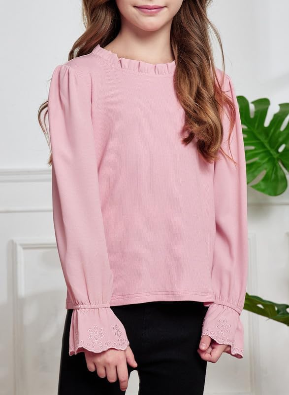 Cute Shirts for Girls Ruffle Long Sleeve Crewneck Ribbed Knit Blouses Tops 6-15 Years - Image 2
