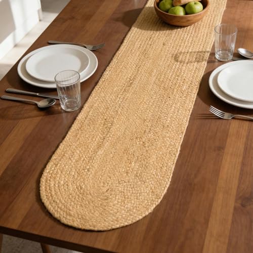 Image of Encasa XO Dining Table Runner | Handmade Woven Natural Jute Runner | Size 30x137 cm | Jute Natural Bleach Color | Heat Resistant Rustic Home Decor for Coffee, Teapoy Cover & Center Table
