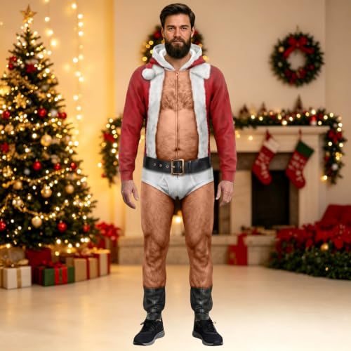 Men Ugly Christmas Hooded Onesie Funny Fake Muscle Full Zip Jumpsuit Pajama - image 3