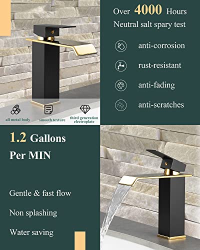 Kuzor Waterfall Bathroom Faucets 1 Or 3 Hole Single Handle, Matte Black & Shiny Gold Bathroom Sink Faucet With Metal Pop Up Drain, Square Brass Faucet For Bathroom Sink #TOP3
