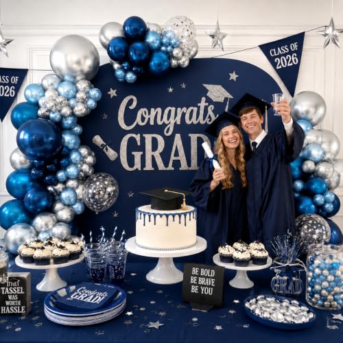 Image of Blue Silver Balloons Set, 50Pcs 12Inch Dark Navy Metallic Blue Silver Star Confetti Party Latex Balloon for Birthday Graduation Baby Shower Wedding Retirement Anniversary Fathers Day Party Decorations