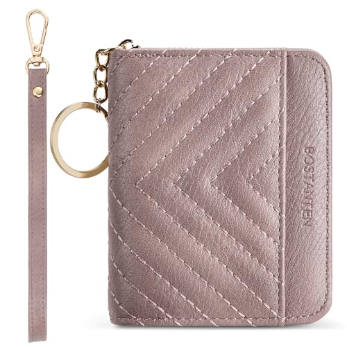 Image of BOSTANTEN Credit Card Holder Wallet RFID Blocking Leather Small Wallet for Women Zipper Keychain Wallet with Wristlet Purple