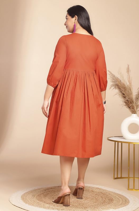 Image of Janasya Women's Pure Cotton Solid A-Line Below The Knee Dress