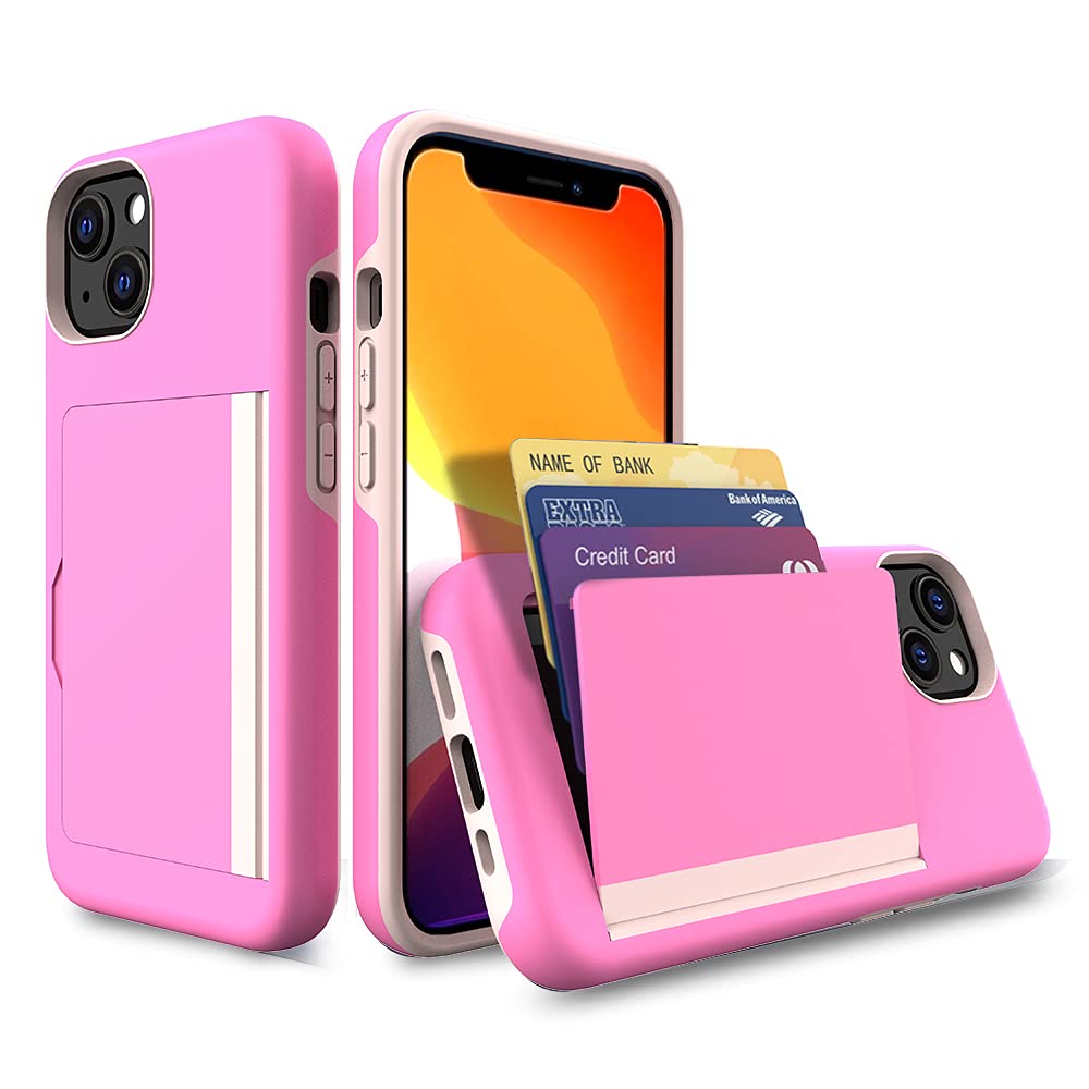 FDTCYDS for iPhone 13 Case with Card Holder,Credit Card Slot Protective Wallet Case - Pink