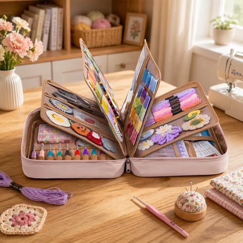 Open pink craft organizer bag holding embroidery thread, crochet hooks, small tools, and colorful handmade projects on a wooden table.