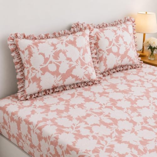 Image of King Size Fitted Bedsheet for Double Bed | 300 TC Cotton Feel Microfiber | All Around Elastic with 2 Frill Pillow Covers | Soft & Durable | (PinkFloralFrill, Fitted -60x78 Queen)