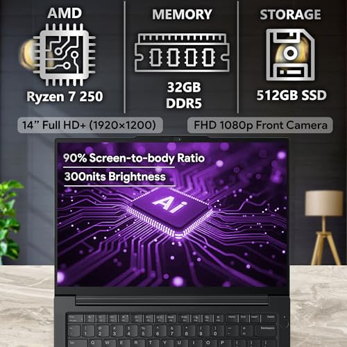 Image of Lenovo ThinkPad E14 Gen 7 14 inch FHD+ Display, AMD Ryzen 7 250 (Beats i7-1355U), 32GB DDR5 RAM, 512GB SSD PCIe, Backlit Keyboard, WiFi 6E + BT, FHD Webcam, Windows 11 Pro, AI Business Laptop - Black