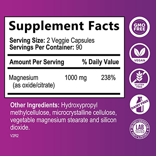 Magnesium Citrate Capsules 1000Mg - Max Absorption Magnesium Powder Capsules For Muscle, Nerve, Bone And Heart Health Support, High Absorption Citrate Complex, Gluten Free, Non-Gmo - 180 Capsules #TOP1