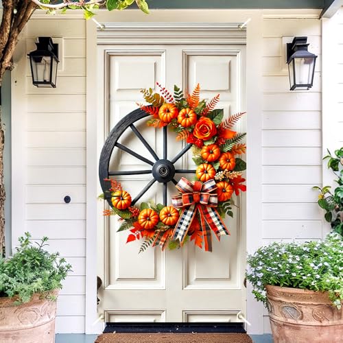 Image of Fall Wagon Wheel Door Cover 35x71in Pumpkin Plaid Bow