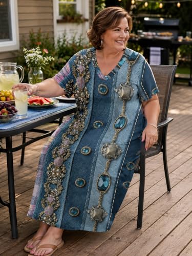 Image of SUZONANA Plus Size Denim Print Maxi Dresses for Women Casual V Neck Short Sleeve with Pockets Soft Jean Look Dress XL-6XL