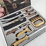 Kit Churrasco Premium 8 Peças – Conjunto Profissional de Facas Gourmet em Aço Inoxidável com Lâminas Antiaderentes e Corte Navalha – Amadeirado