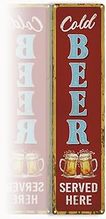 Rustic Bar Decor Metal Wall Sign, Retro “Cold Beer Served Here” Vertical Tin for Wet Bar, Basement, Game Room, Garage or Porch, Weather-Resistant, 15.8 x 4 Inch